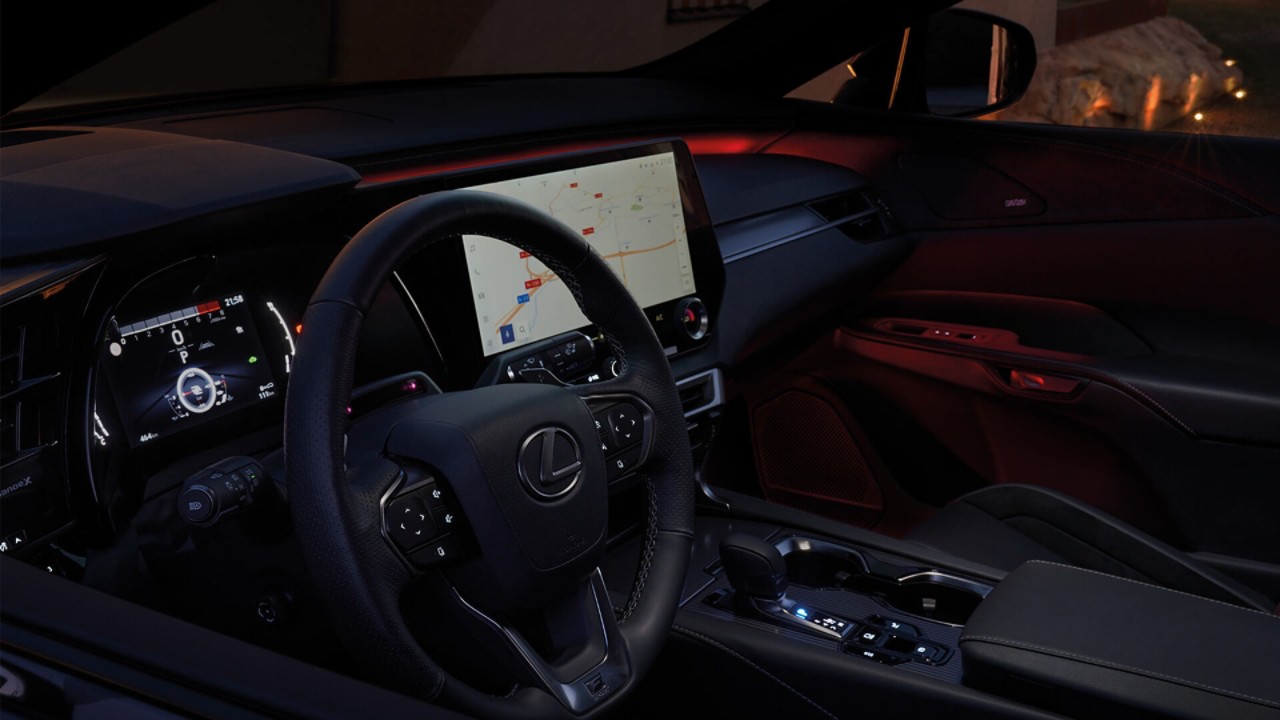 Front interior of the Lexus RX at night